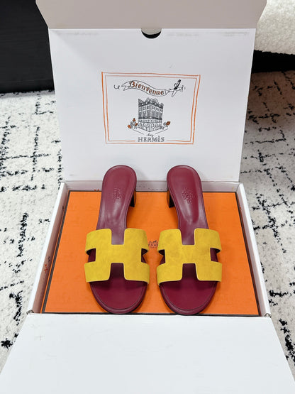 HM 26ss High-Heeled Sandals 50 Burgundy Yellow Cowhide 617229