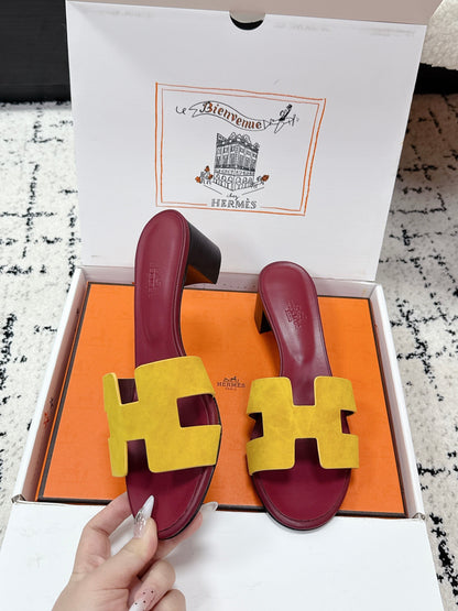 HM 26ss High-Heeled Sandals 50 Burgundy Yellow Cowhide 617229