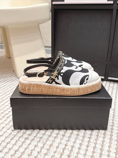 CC 26s Rope-Soled Sandals White Black Canvas Leather 652561
