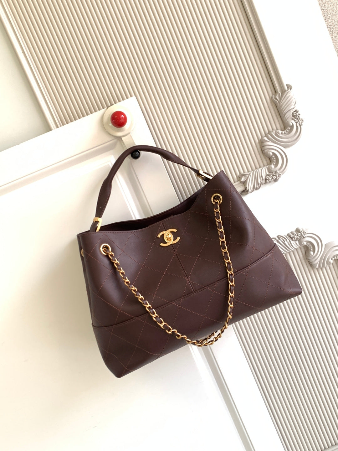 Chanel 2026 Stitched Shopping Bag 36cm Chocolate Calfskin 348238