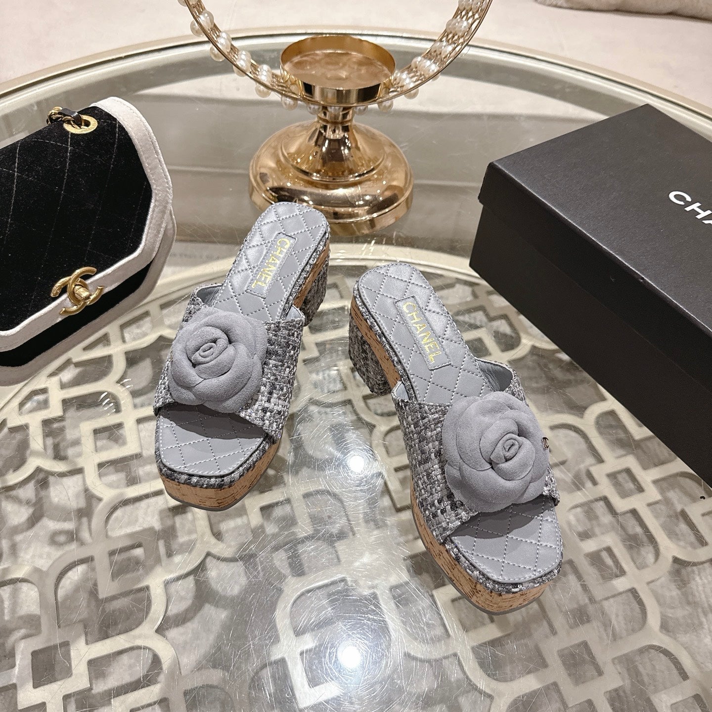 CC 26s Camellia Platform Slippers 65 Light Blue Grey Tweed Leather 627056