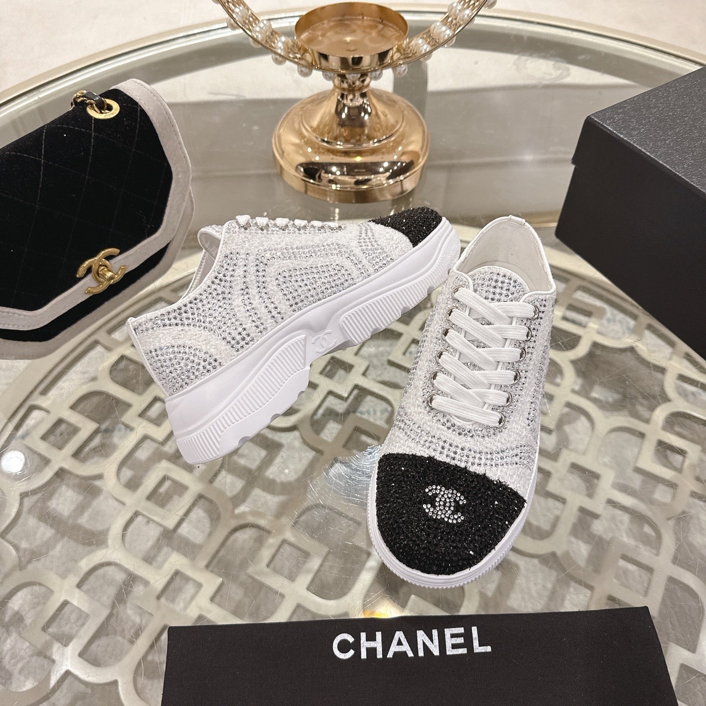 CC 26s Platform Sneakers White Black Rhinestone Sheepskin 627058