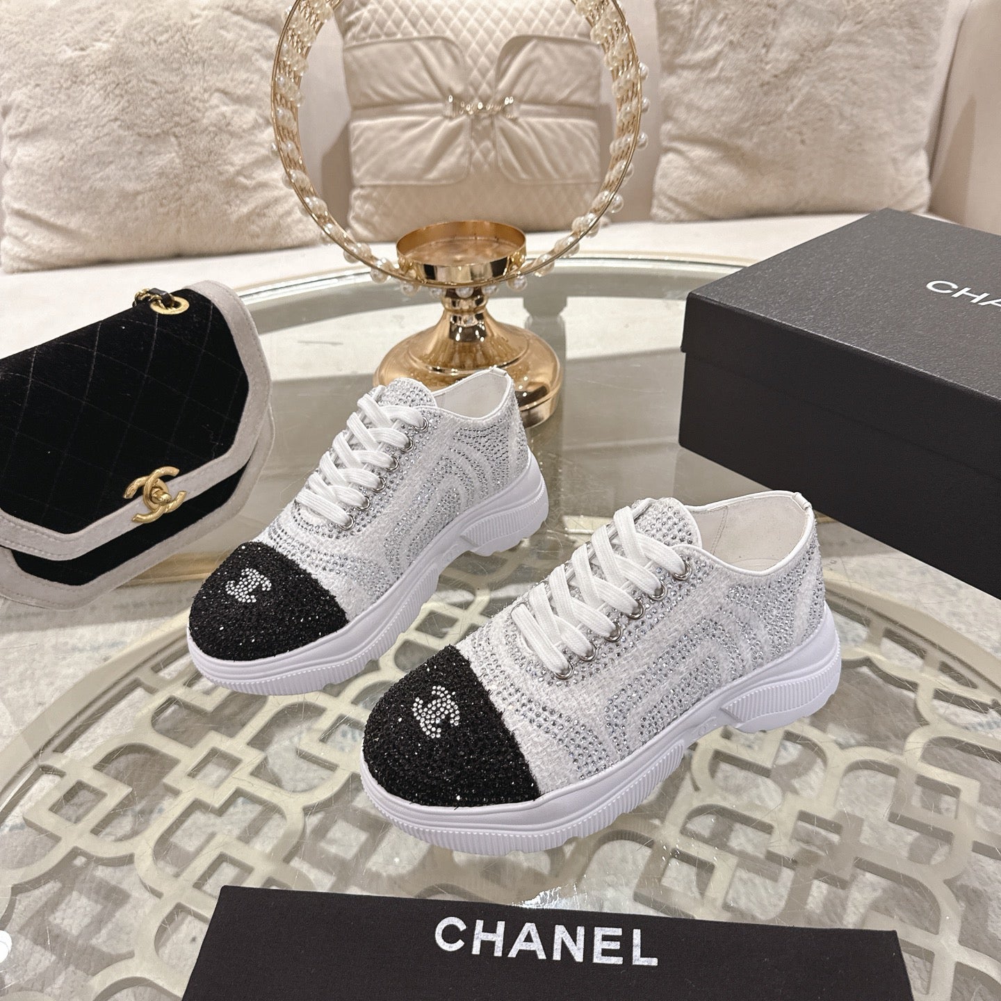 CC 26s Platform Sneakers White Black Rhinestone Sheepskin 627058