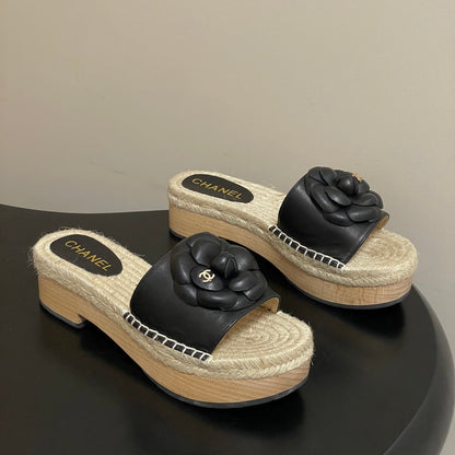 CC 26s Camellia Slippers Beige Black Rope Smooth Leather 649402