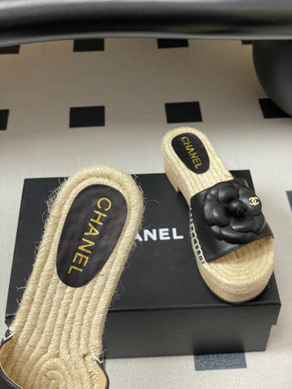 CC 26s Camellia Slippers Beige Black Rope Smooth Leather 649402