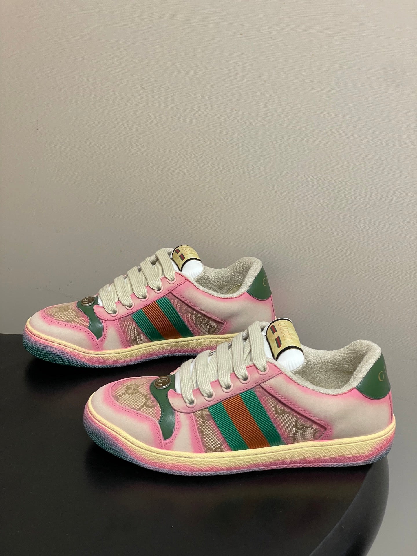 GG 26ss Screener Sneaker Beige Pink Green Fabric Calfskin 697903