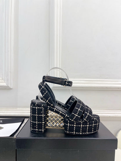 CC 26s HighHeeled Platform Sandals 85 Black Tweed 631863
